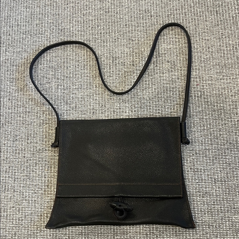 Handmade Italian shoulder bag.   Brown leather. Orange stitching.